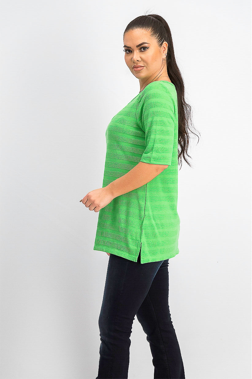 Charter Club Women's Cotton Texture-Striped Elbow-Sleeve Top Green Size Extra Large