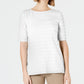 Charter Club Women's Cotton Texture Striped Elbow Sleeve Top White Size Small