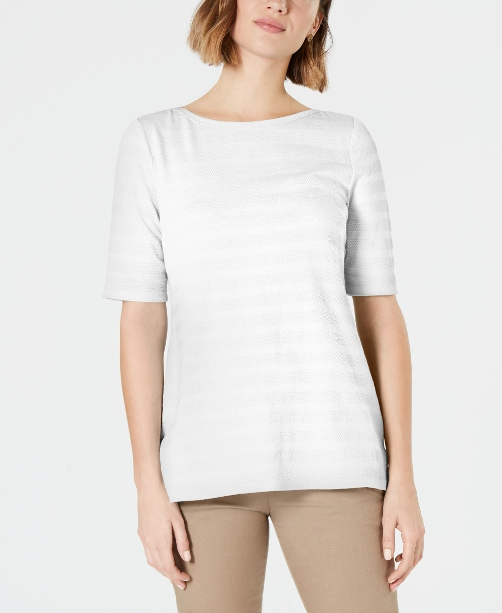 Charter Club Women's Cotton Texture Striped Elbow Sleeve Top White Size Small