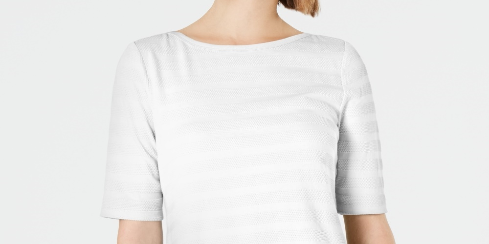 Charter Club Women's Cotton Texture Striped Elbow Sleeve Top White Size Small
