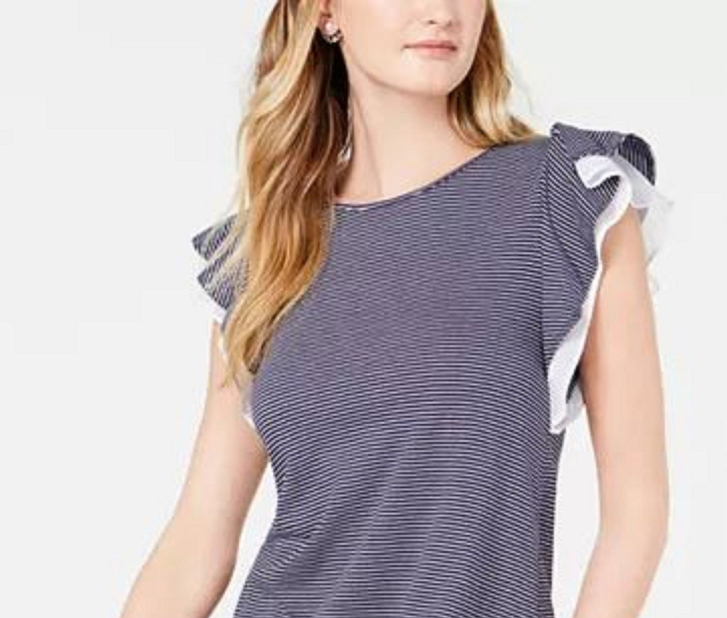 Maison Jules Women's Mesh-Trim Ruffled-Sleeve Top Navy Size Extra Small