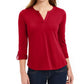 Charter Club Women's Supima Cotton Split Neck Top  Red Size Medium