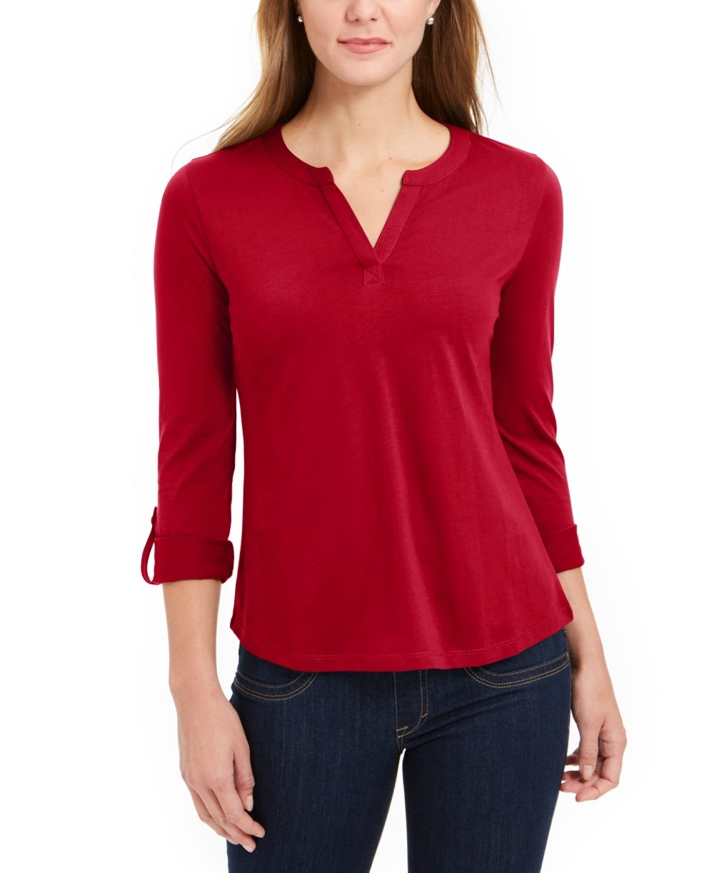 Charter Club Women's Supima Cotton Split Neck Top  Red Size Medium