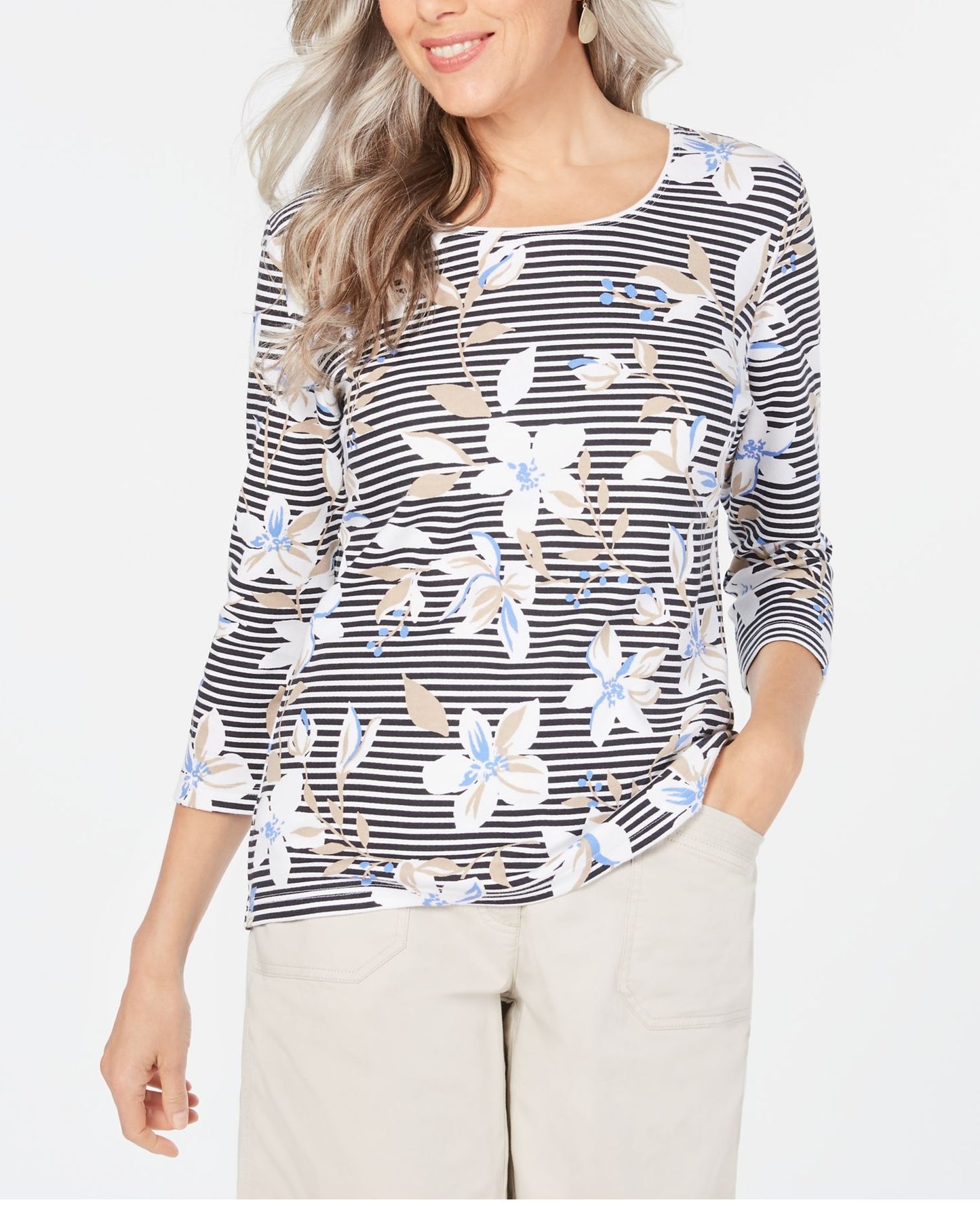 Karen Scott Women's Printed 3/4-Sleeve Top Black Size Small