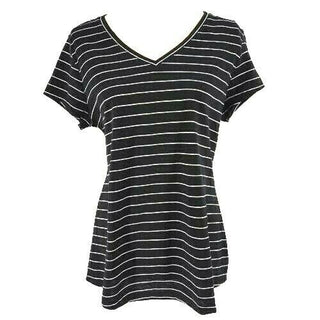 Maison Jules Women's Striped V-Neck Top Black Size Large