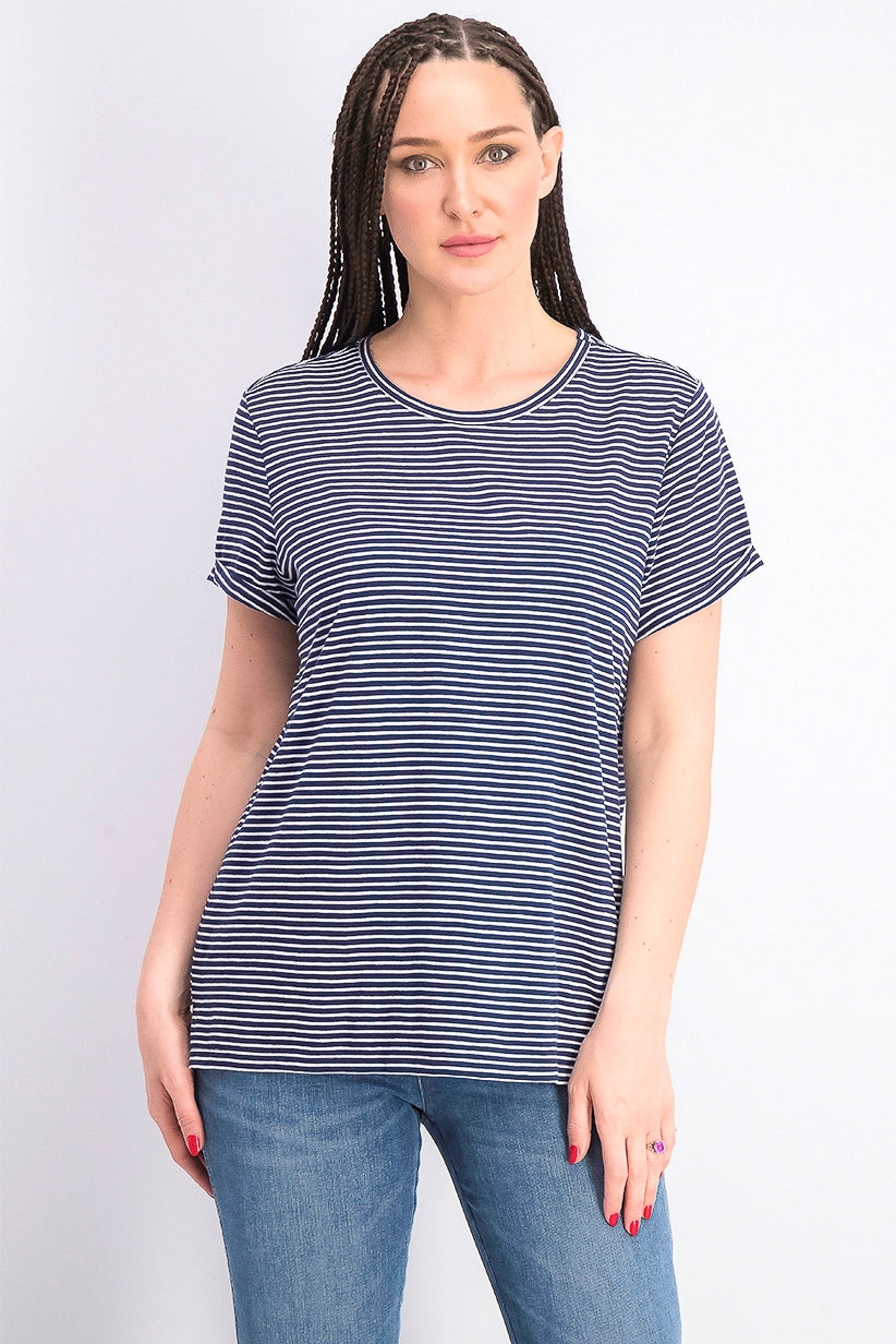 Maison Jules Women's  Striped Crew-Neck T-Shirt Navy Size X-Small