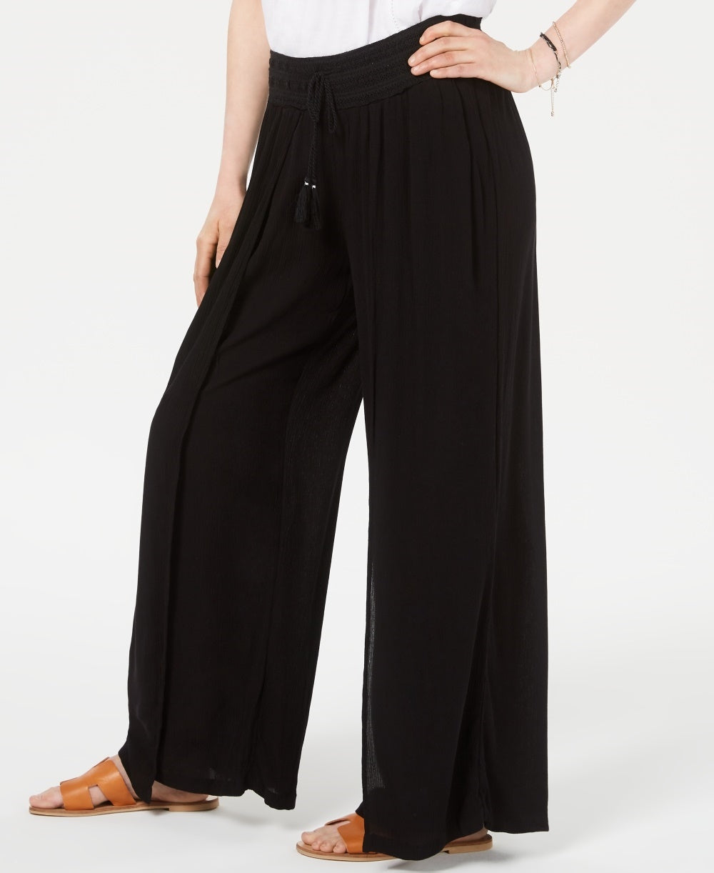 Style & Co Women's Textured Tie Waist Wide Leg Pants Black Size Large