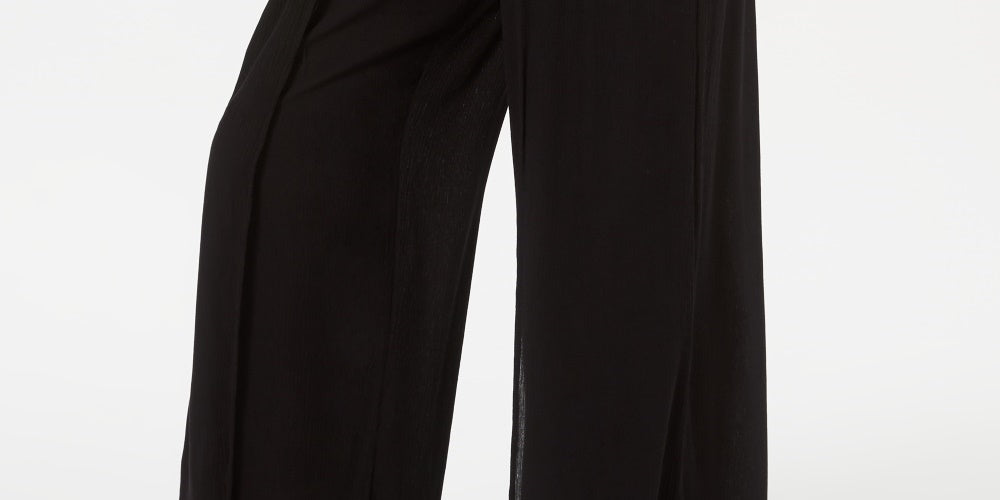 Style & Co Women's Textured Tie Waist Wide Leg Pants Black Size Large