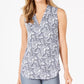 Charter Club Women's Floral-Print Pleated-Neck Top White Size Small