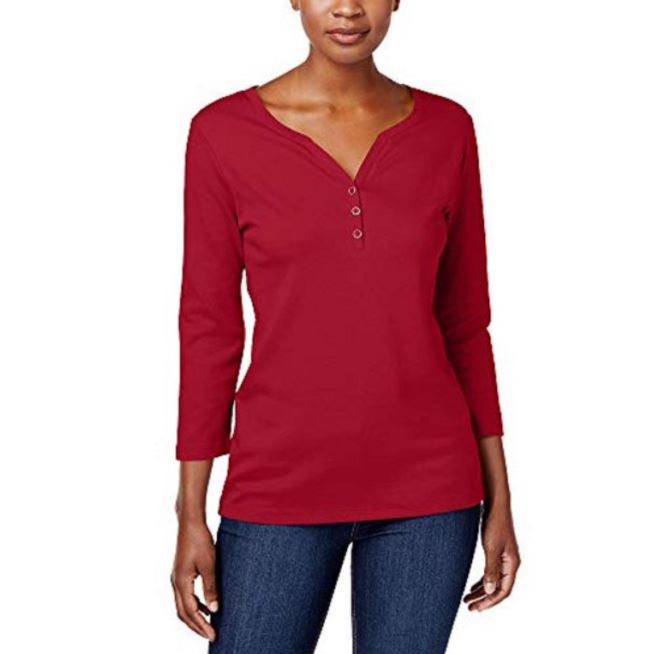 Karen Scott Women's Cotton Henley Top Red Size Medium