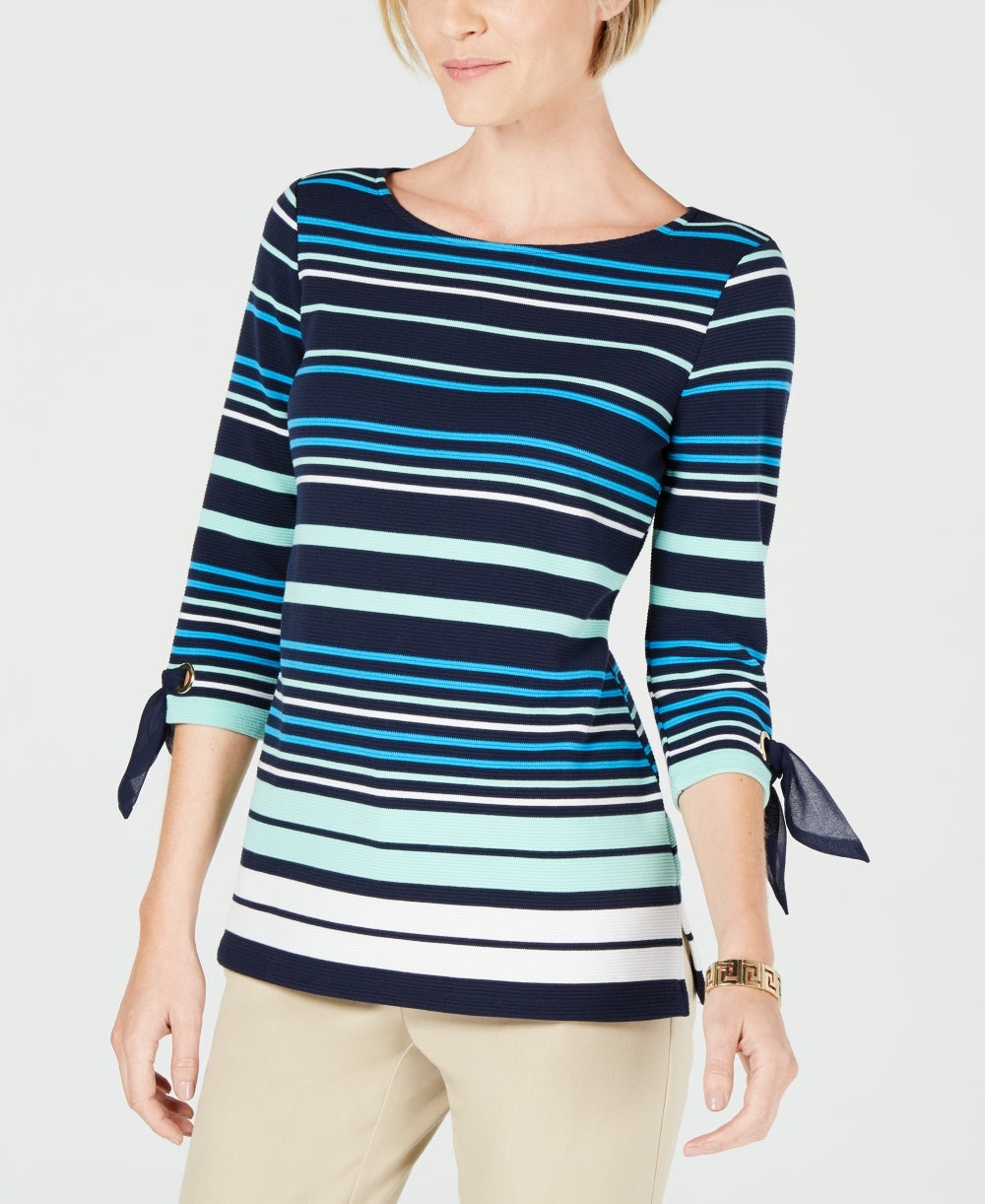 Charter Club Women' Striped Tie-Sleeve Top Blue Size X-Large