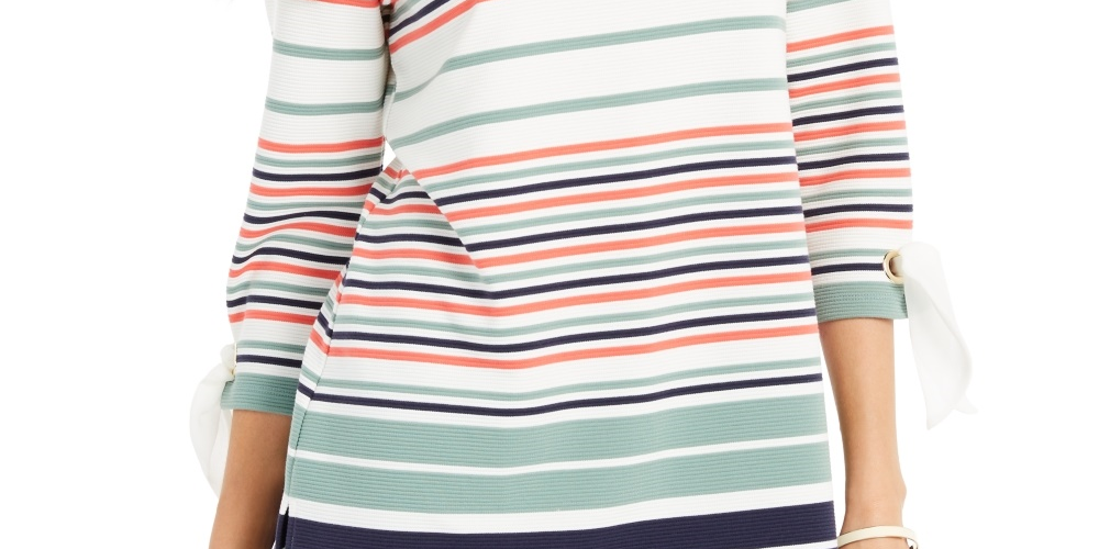 Charter Club Women's Striped Tie Sleeve Top Green Size Medium