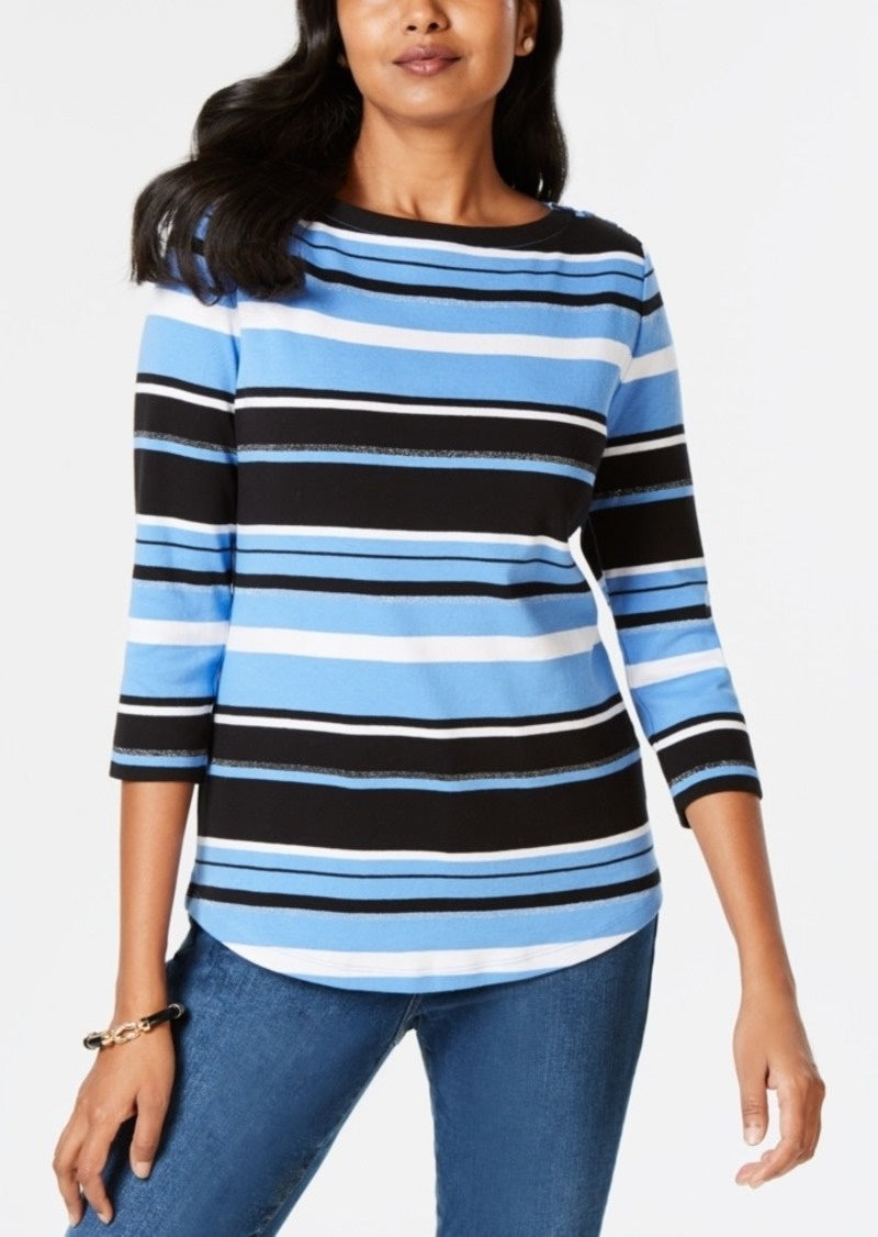 Charter Club Women's Pima Cotton Button-Shoulder Stripe Top Blue Size Small