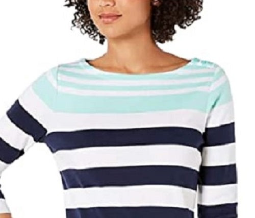 Charter Club Women's Pima Cotton Button-Shoulder Stripe Top Blue Size X-Large