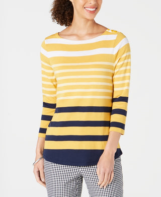 Charter Club Women's Pima Cotton Button-Shoulder Stripe Top Gold Size X-Small