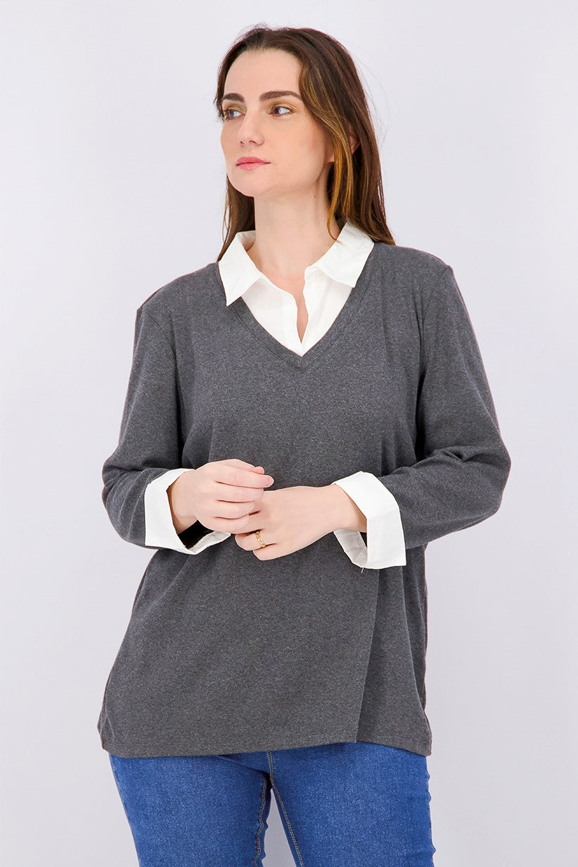 Karen Scott Women's Cotton Layered-Look Top Charcoal Size X-Small