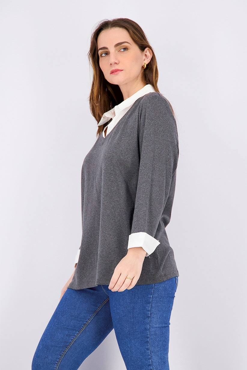 Karen Scott Women's Cotton Layered-Look Top Charcoal Size X-Small