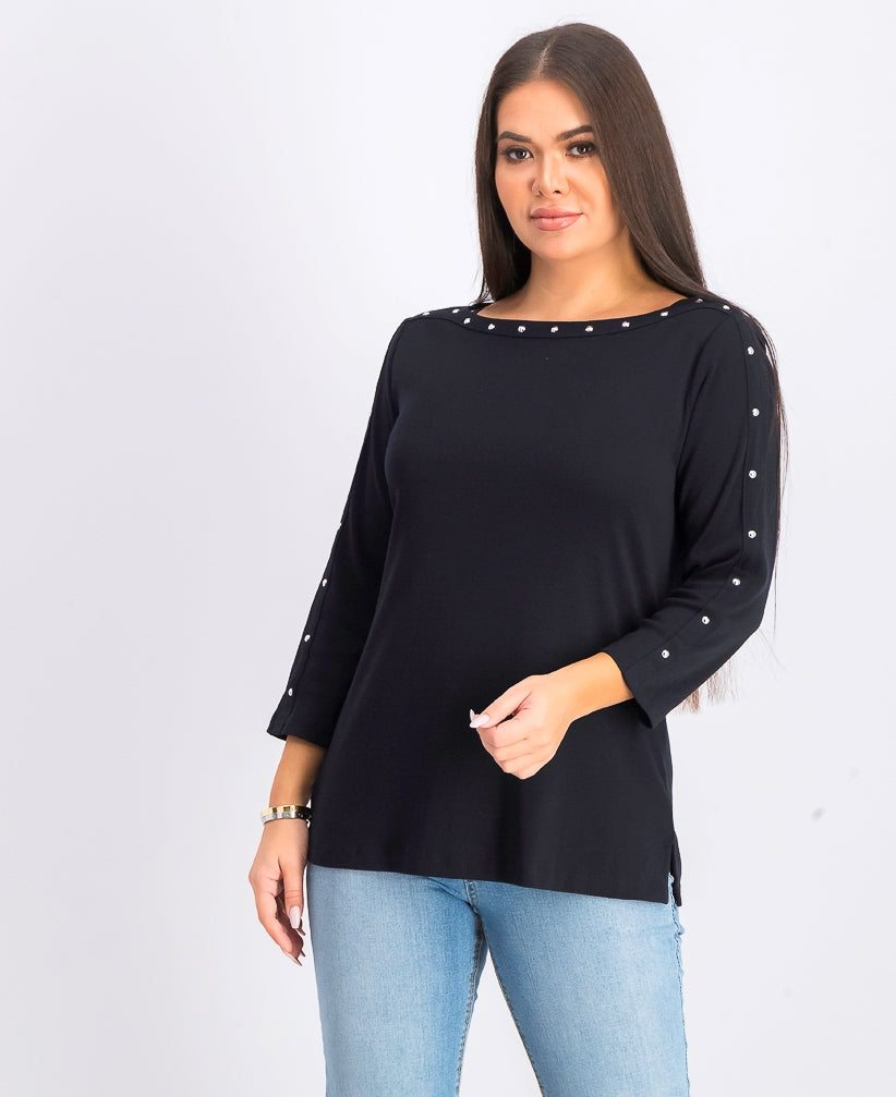 Karen Scott Women's Cotton Boat-Neck Studded Top Black Size Extra Small