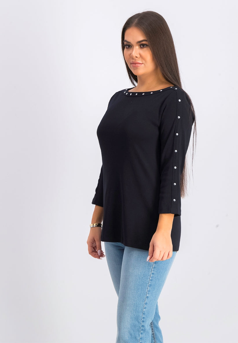 Karen Scott Women's Cotton Boat-Neck Studded Top Black Size Extra Small