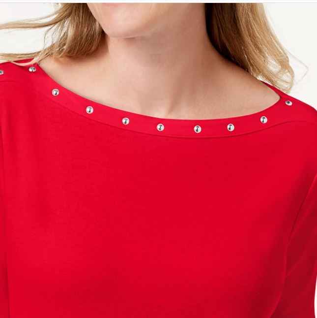 Karen Scott Women's Cotton Boat Neck Studded Top Red Size Medium