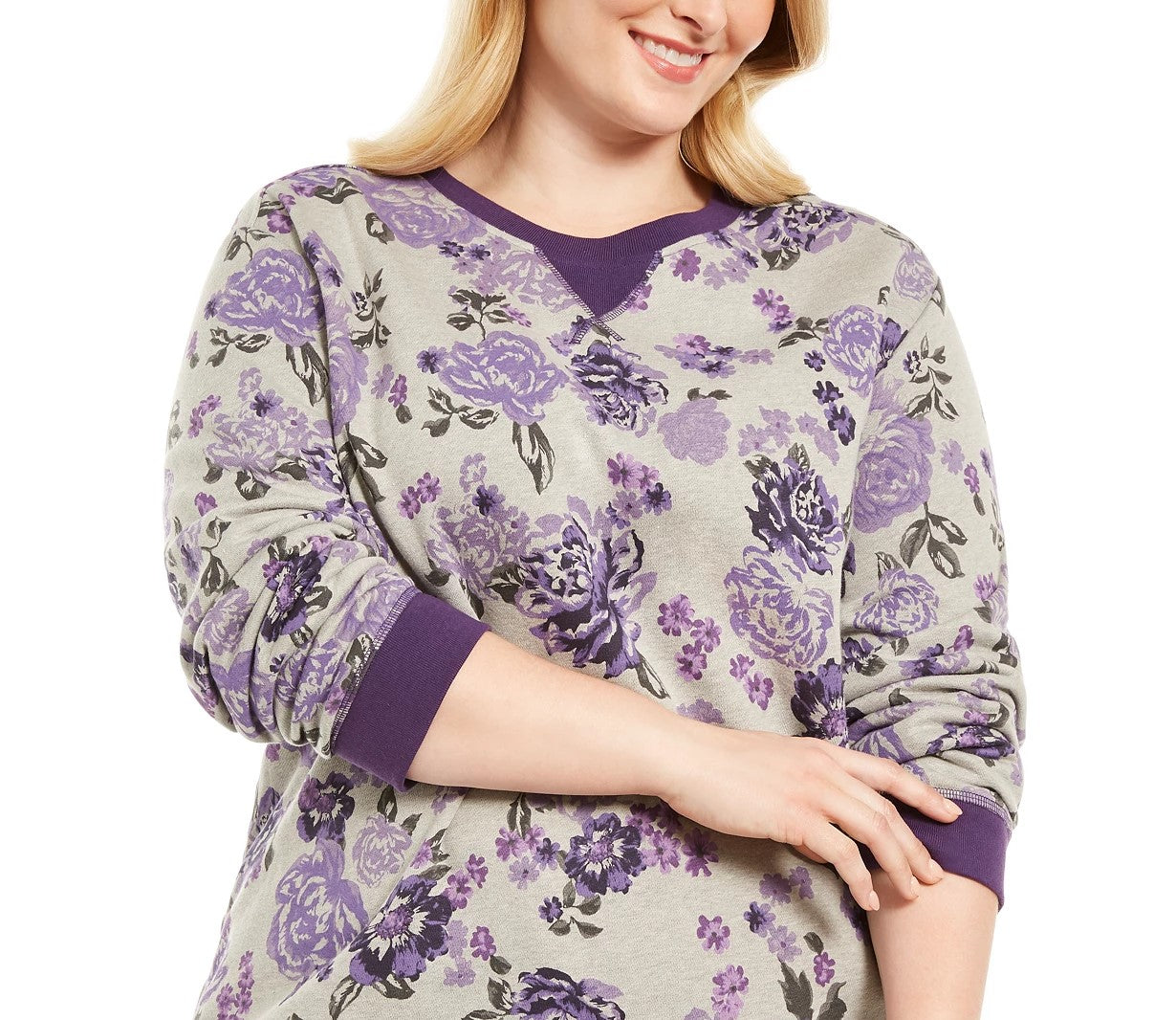 Karen Scott Women's Plus Size Printed Fleece Crewneck Top Purple1X