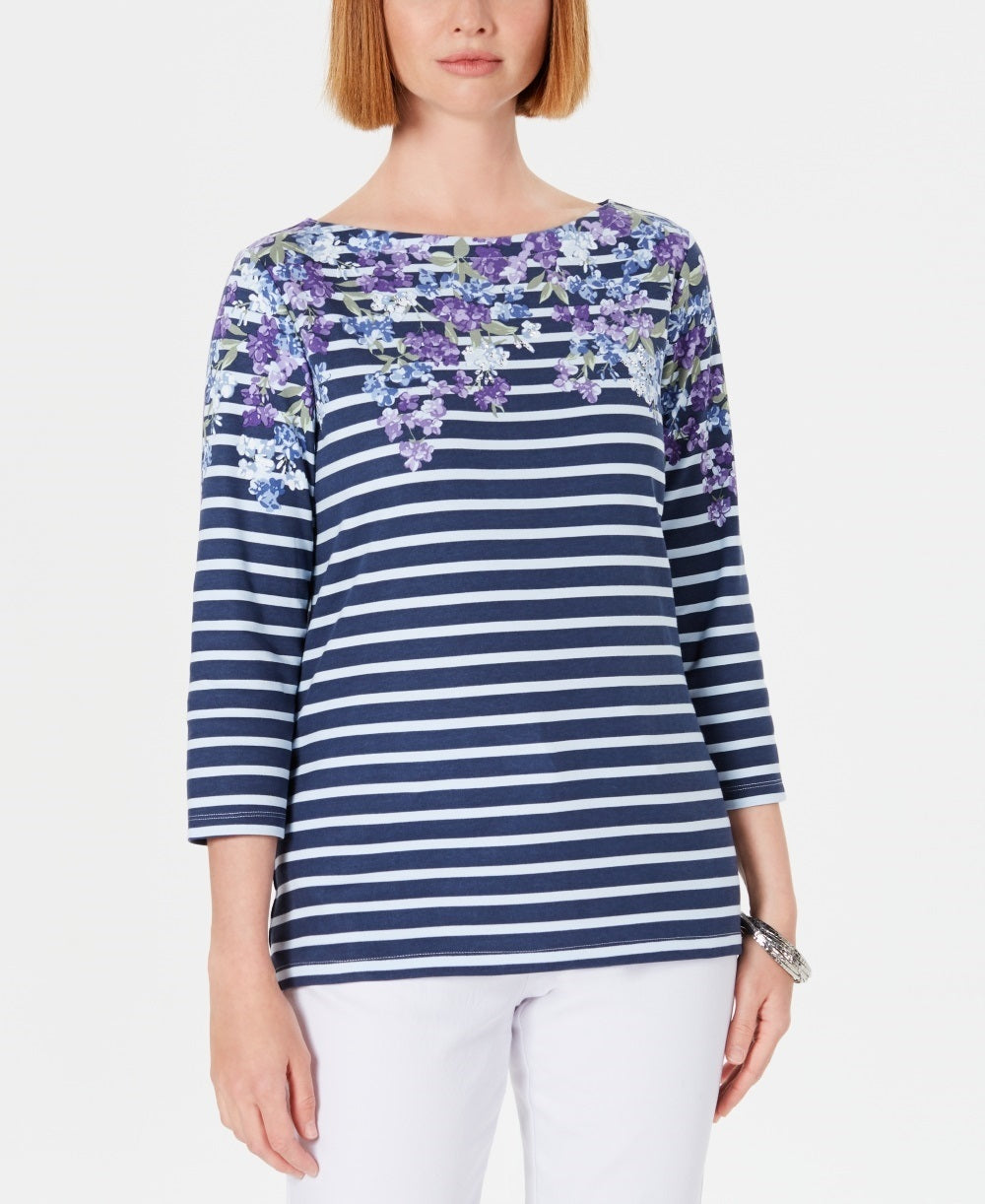 Karen Scott Women's Three Quarter Sleeve Printed Top Blue Size Medium