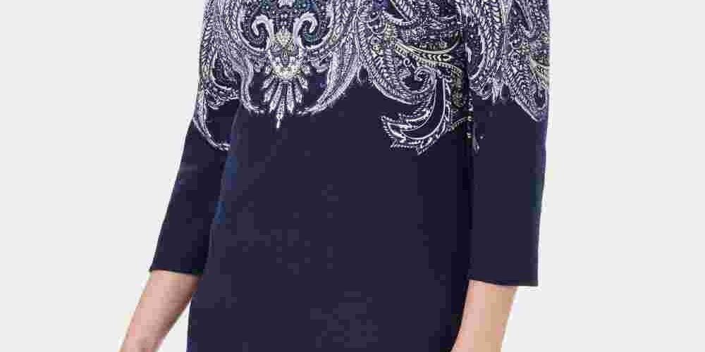 Karen Scott Women's Lile Paisley Boat-Neck Top Navy Size X-Small