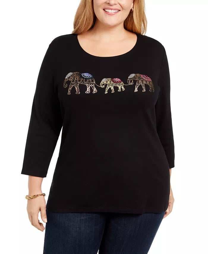Karen Scott Women's Cotton Elephant Print Top Black Size 1X