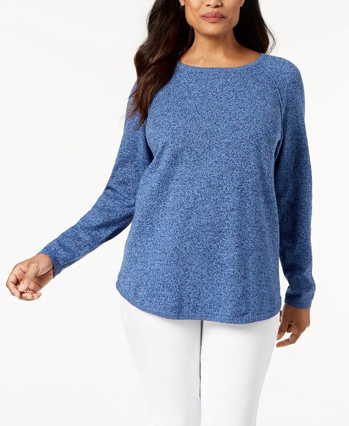 Karen Scott Women's Cotton Curved-Hem Sweater Blue Size Petite Small