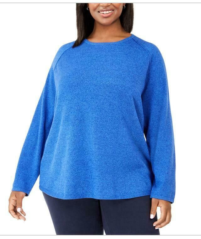 Karen Scott Women's Plus Size Curved-Hem Pullover Sweater Blue Size 1X