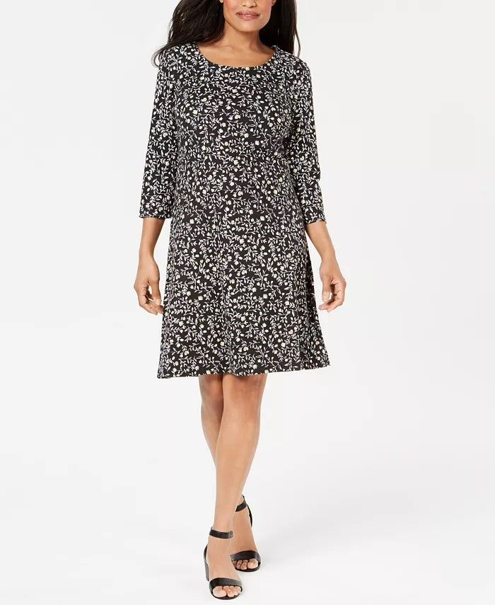 Karen Scott Women's Petite Floral-Print Swing Dress Black Size Petite