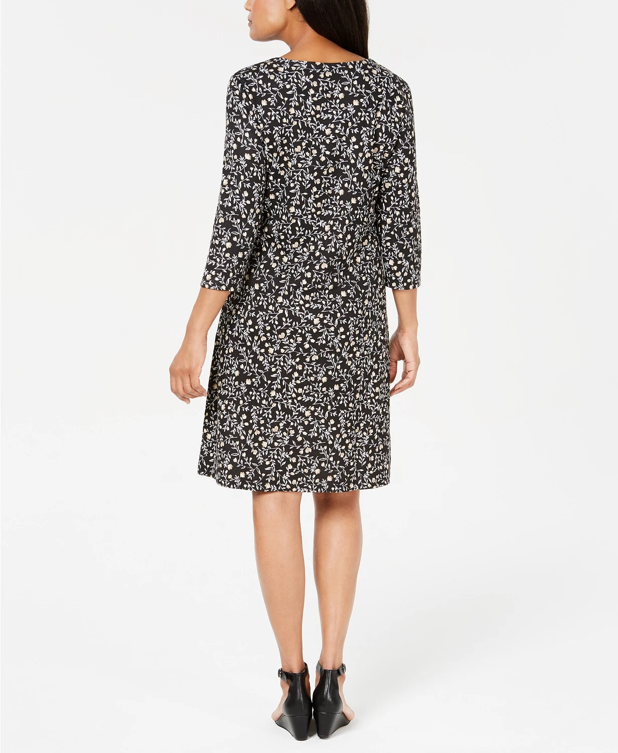 Karen Scott Women's Petite Floral-Print Swing Dress Black Size Petite