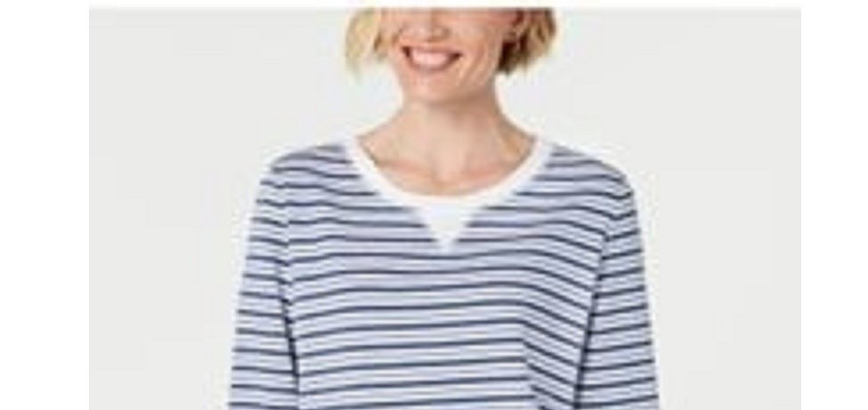 Karen Scott Women's Striped 3/4 Sleeve Sweatshirt  Blue Size Petite Small