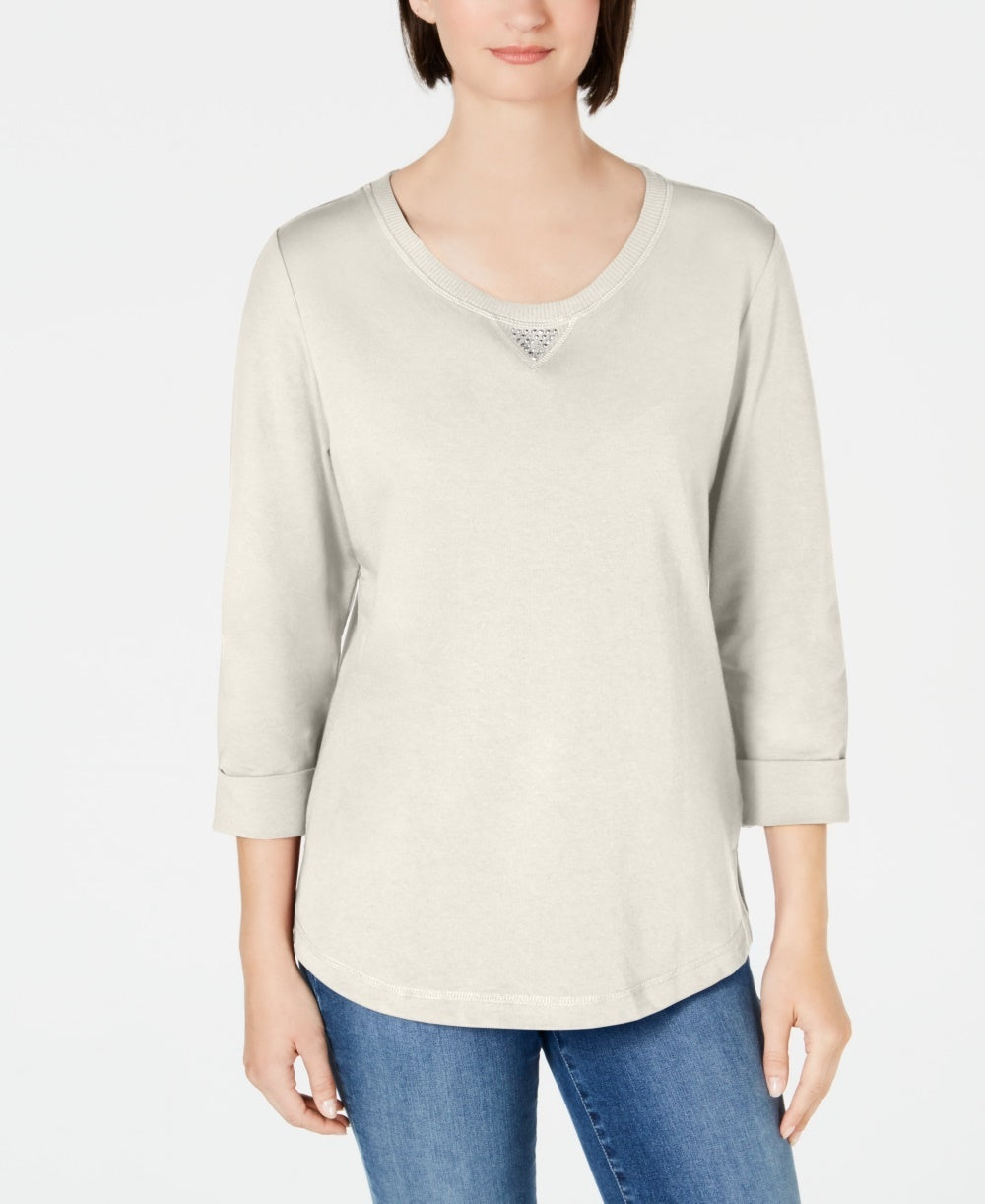 Karen Scott Women's Sport Cotton Studded 3/4 Sleeve Sweatshirt White Size Large