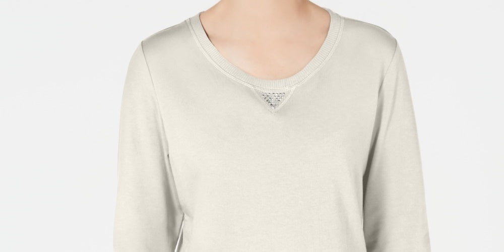 Karen Scott Women's Sport Cotton Studded 3/4 Sleeve Sweatshirt White Size Large