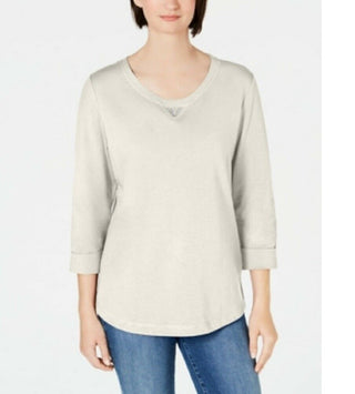 Karen Scott Women's Sport Cotton Studded 3/4 Sleeve Sweatshirt White Size Small