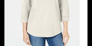 Karen Scott Women's Sport Cotton Studded 3/4 Sleeve Sweatshirt White Size Small