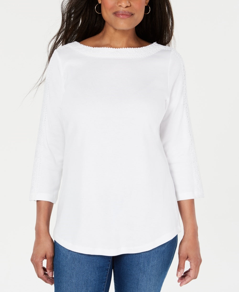 Karen Scott Women's Cotton Lace-Trim Top White Size Small