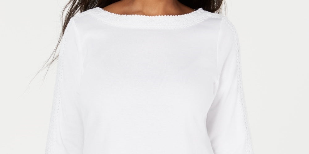 Karen Scott Women's Cotton Lace-Trim Top White Size Small