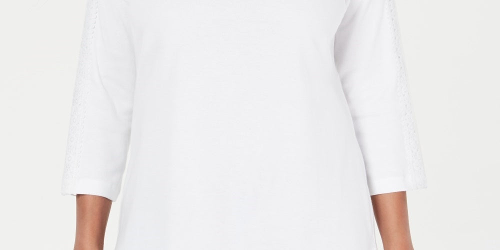 Karen Scott Women's Cotton Lace-Trim Top White Size Small