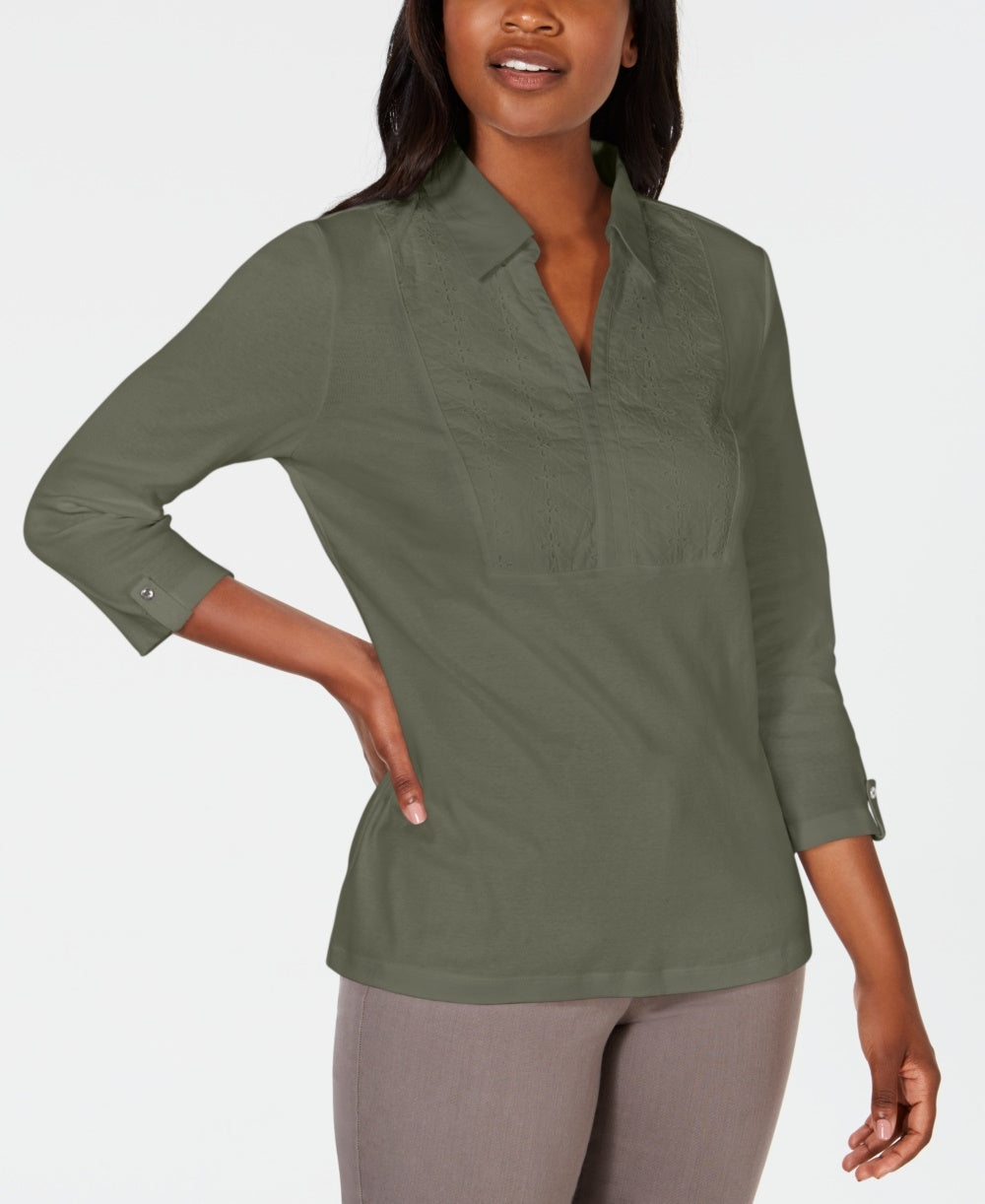 Karen Scott Women's Cotton Eyelet Yoke Top Green Size X-Small