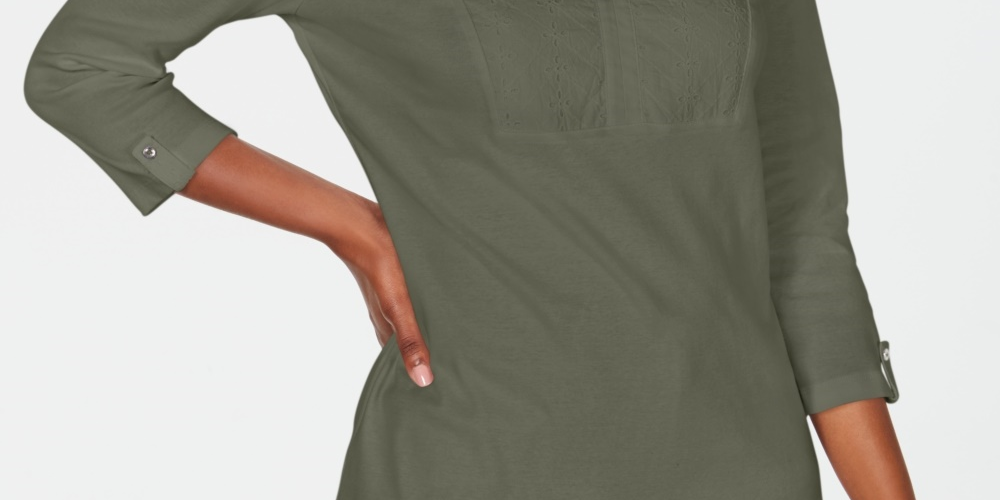 Karen Scott Women's Cotton Eyelet Yoke Top Green Size X-Small