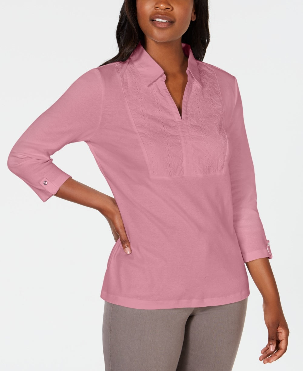Karen Scott Women's Cotton Eyelet Yoke Top Pink Size X-Small