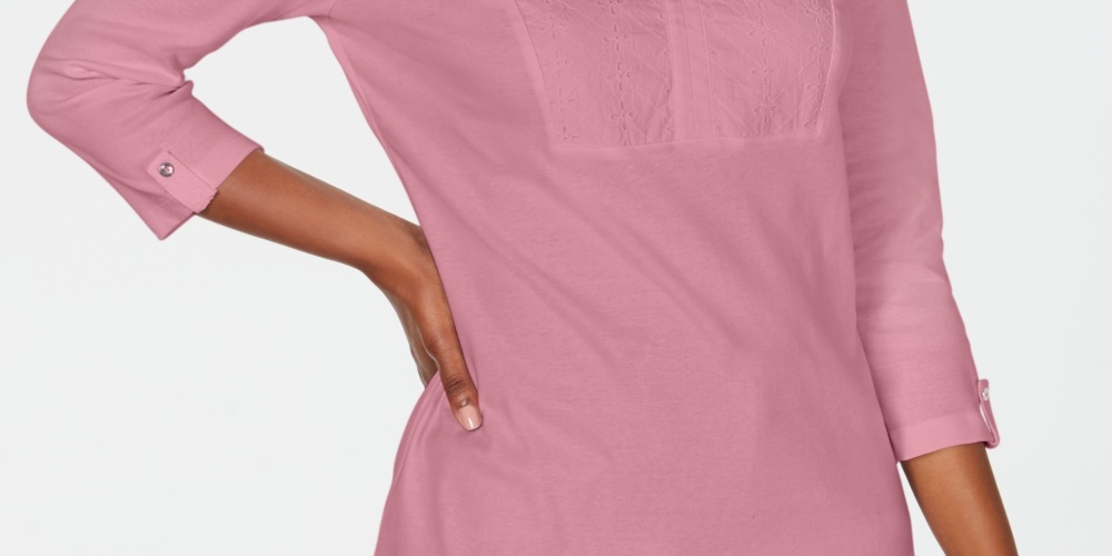 Karen Scott Women's Cotton Eyelet Yoke Top Pink Size X-Small