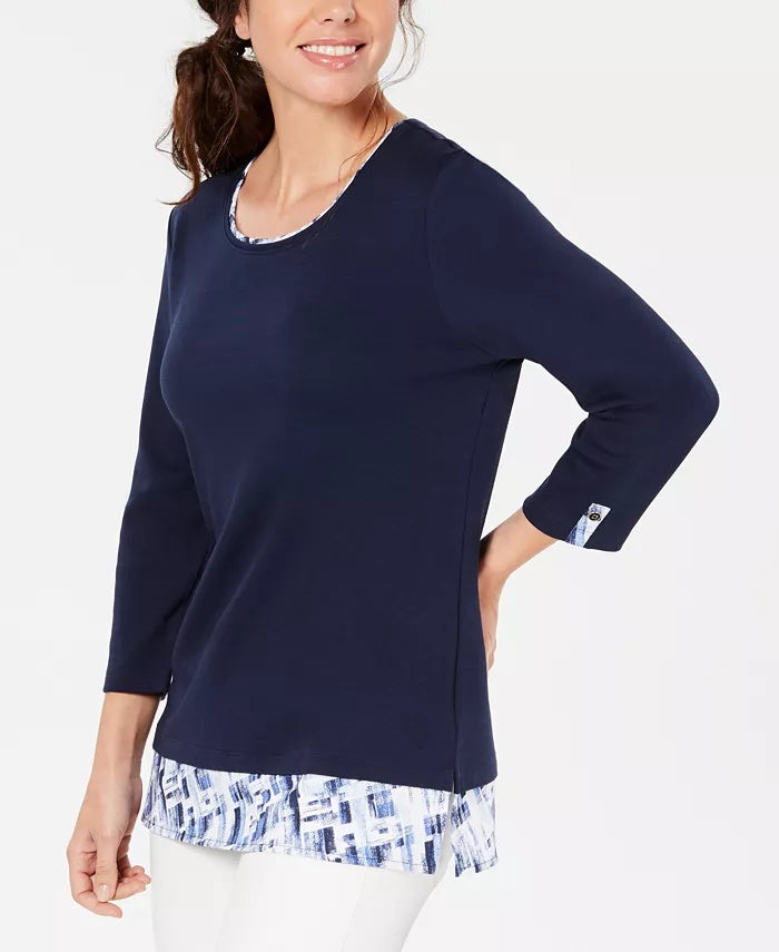 Karen Scott Women's Layered-Look Solid & Plaid Top Navy Size Large