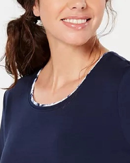 Karen Scott Women's Layered-Look Solid & Plaid Top Navy Size Large