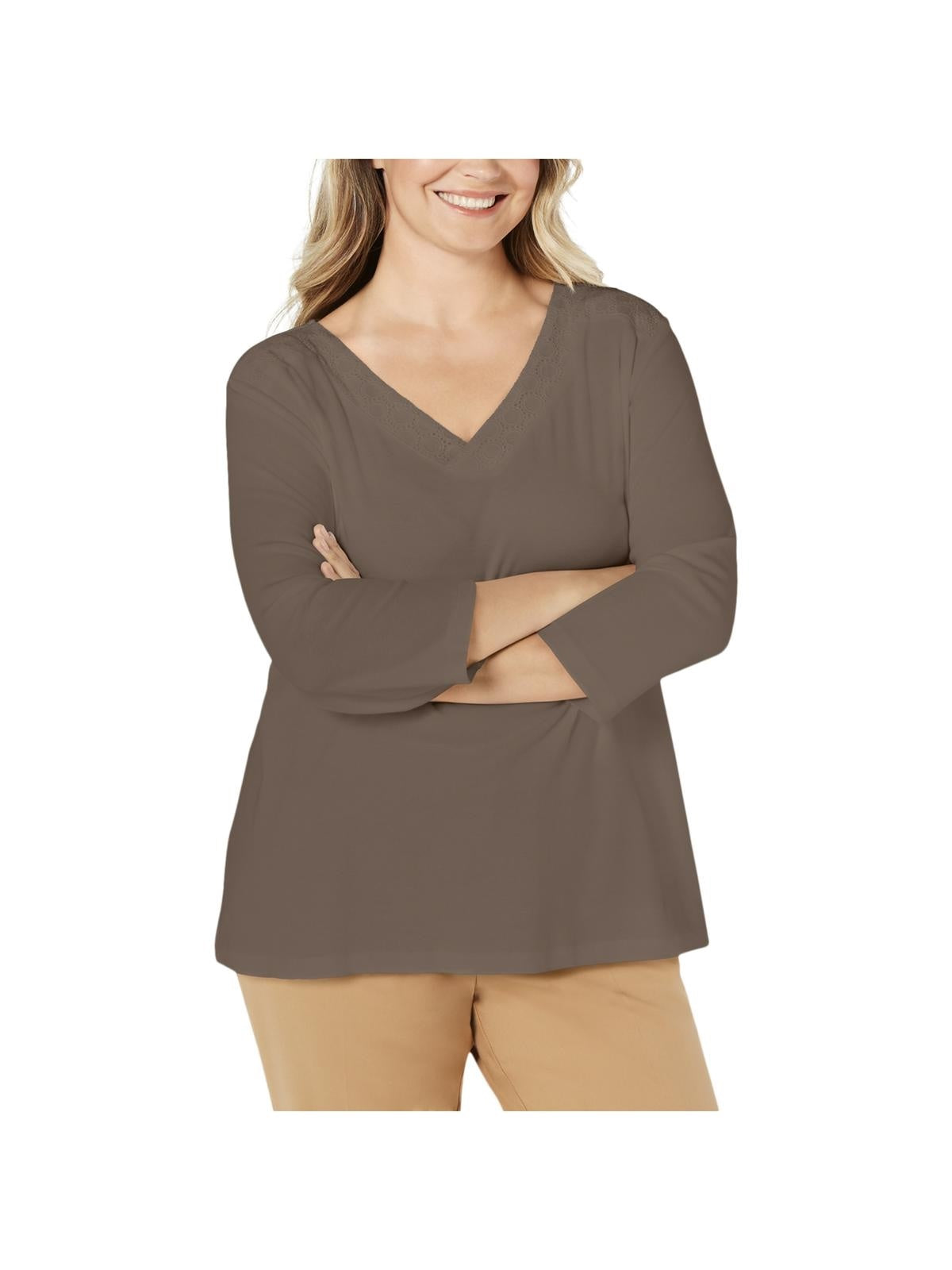 Karen Scott Women's Eyelet Trim Top Brown Size X-Small