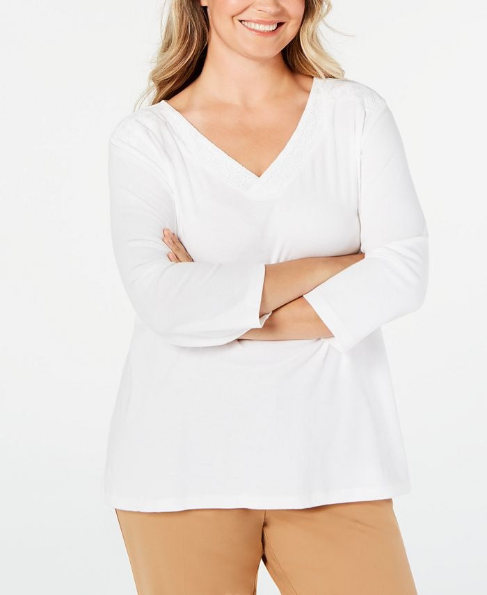 Karen Scott Women's Eyelet-Trim Top White Size Small