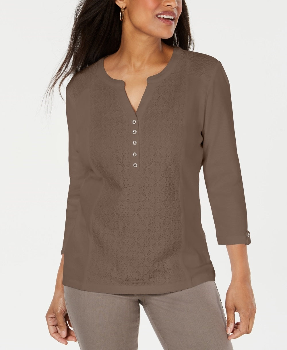 Karen Women's Scott Lace Front Henley Top Brown Size Small