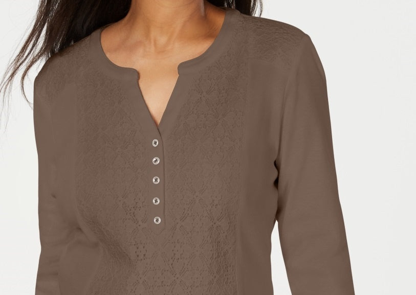 Karen Women's Scott Lace Front Henley Top Brown Size Small